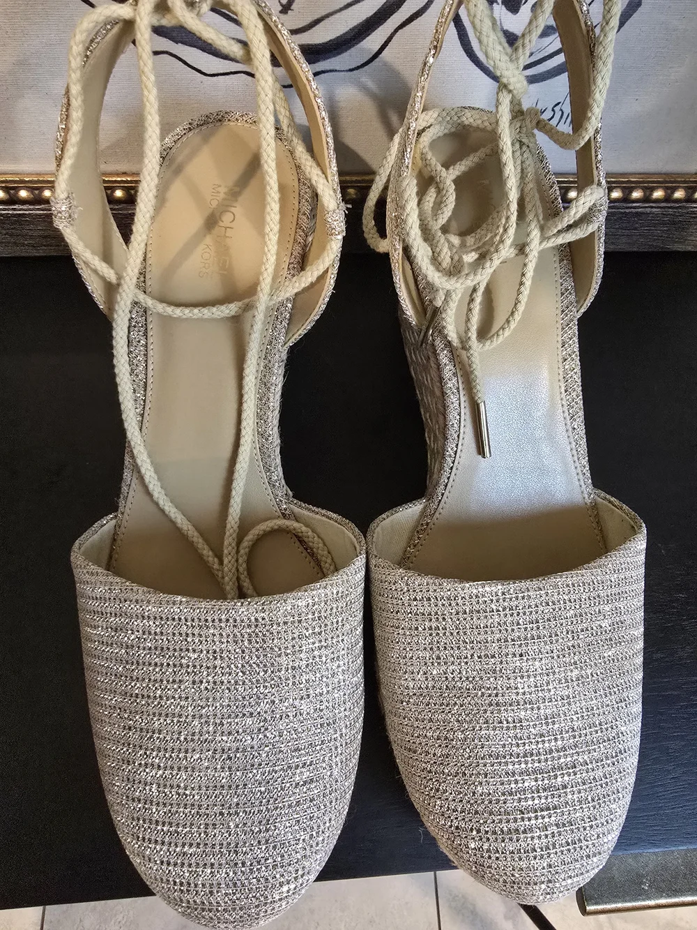 Michael Kors Metallic Gold Lace Up Ankle Ties Wedges Espadrilles Sandals 9 - Picture 5 of 9